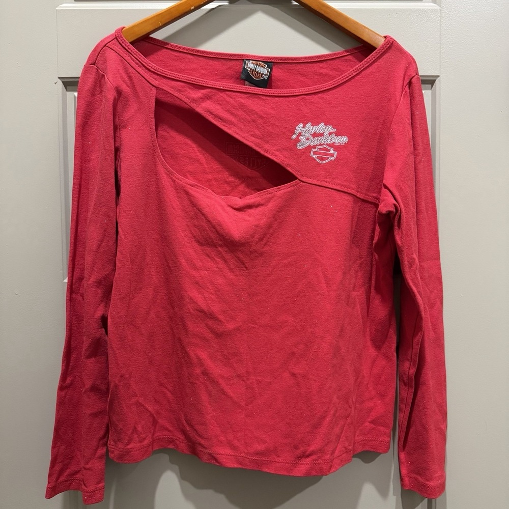 Harley Davidson Women's XL Red Long Sleeve Cutout Top Wisconsin Oconomowoc Logo